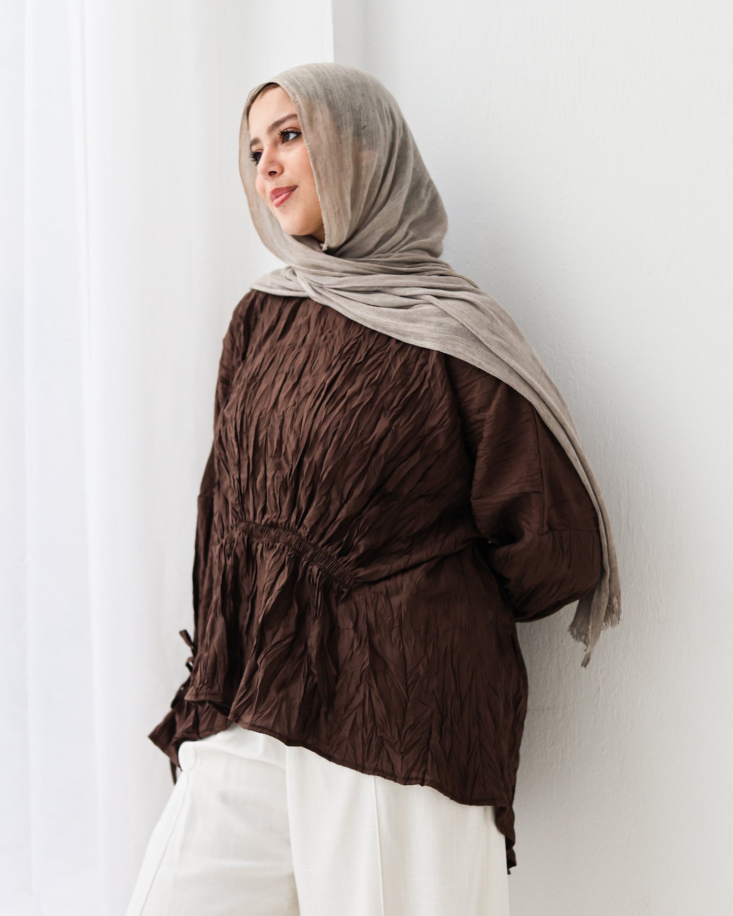 Crushed Elastic Blouse In Brown