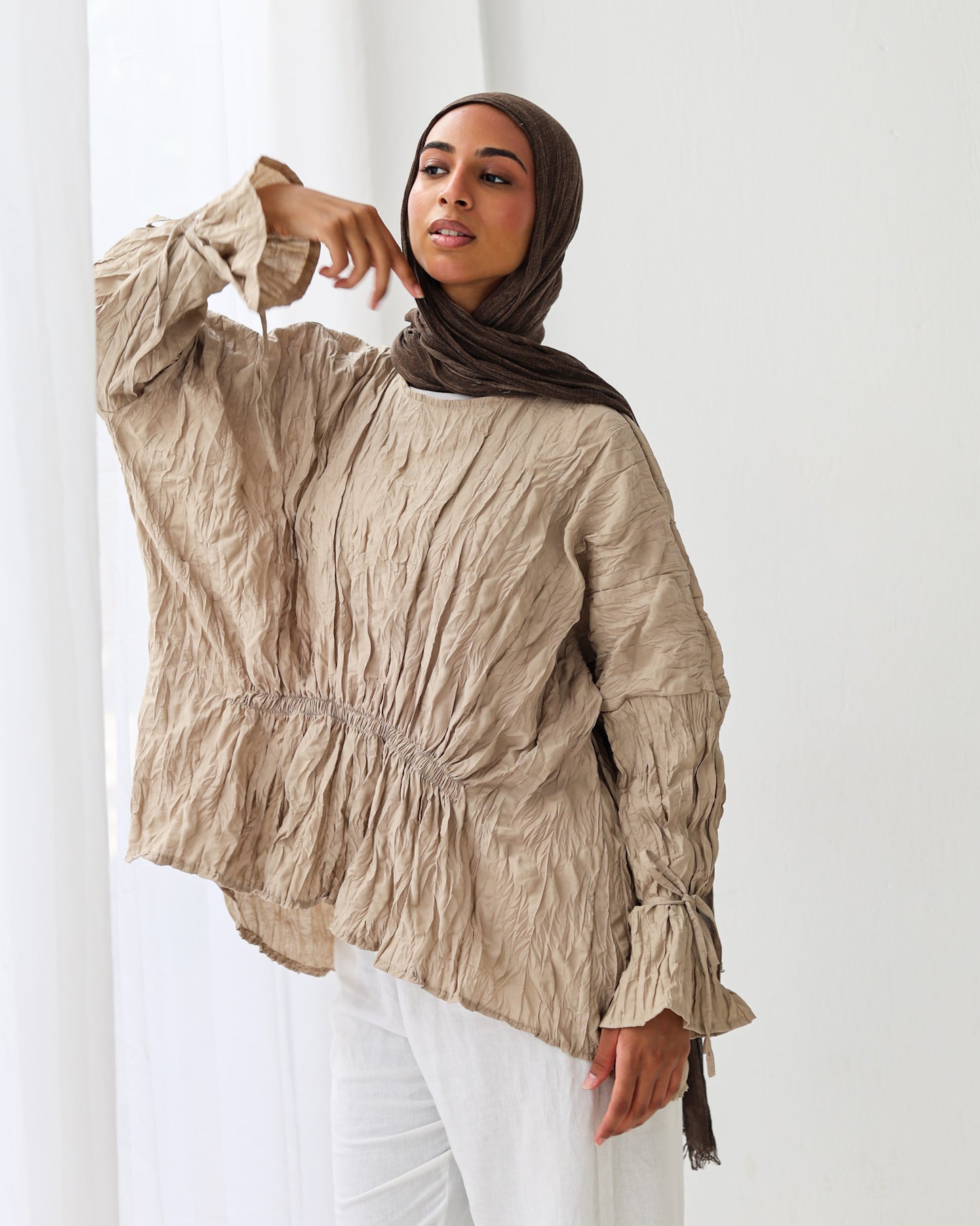 Crushed Elastic Blouse In Beige
