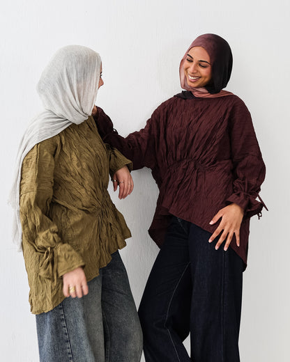 Crushed Elastic Blouse In Burgundy