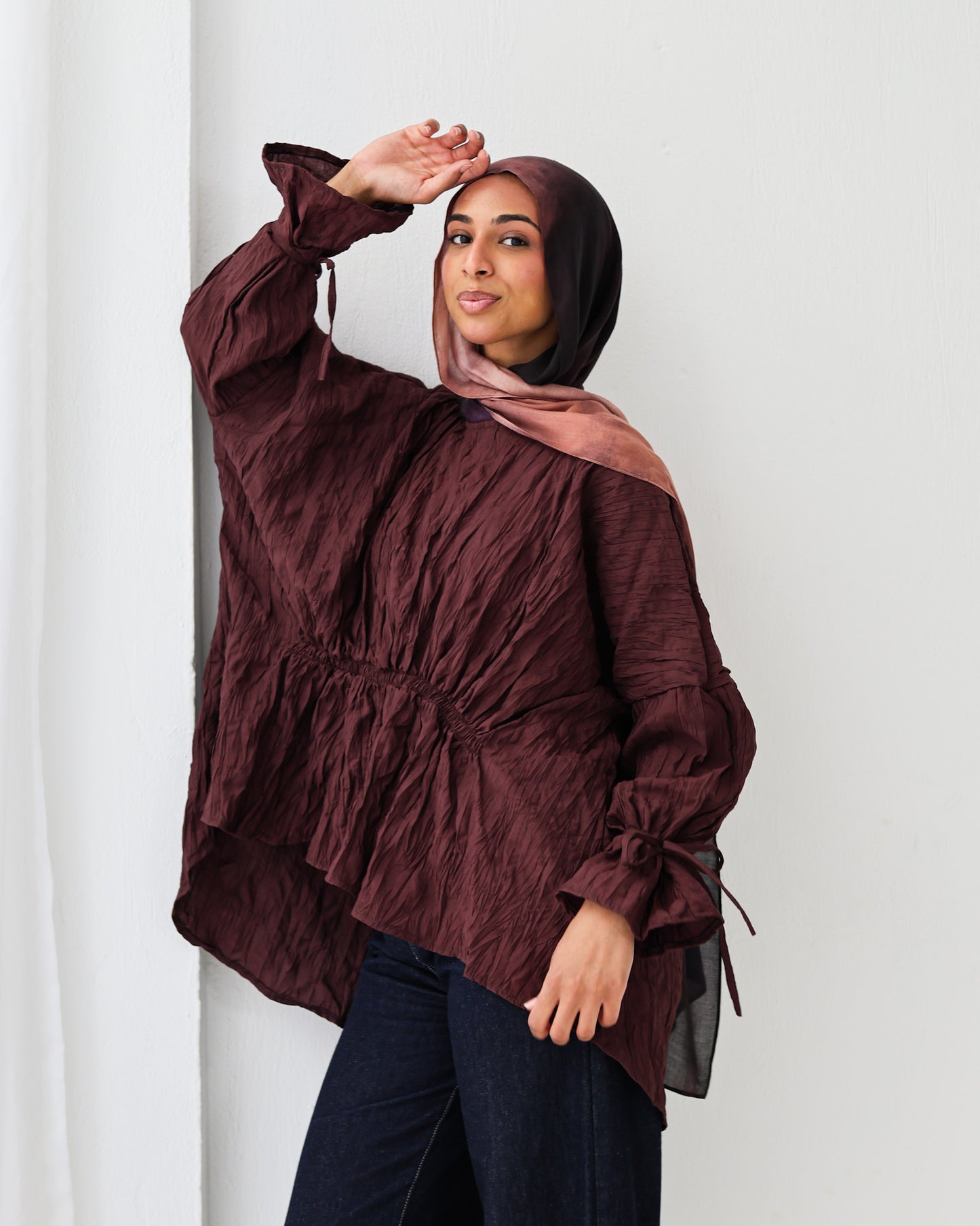 Crushed Elastic Blouse In Burgundy