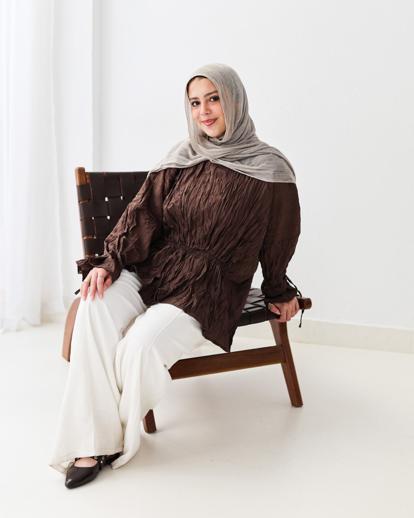 Crushed Elastic Blouse In Brown