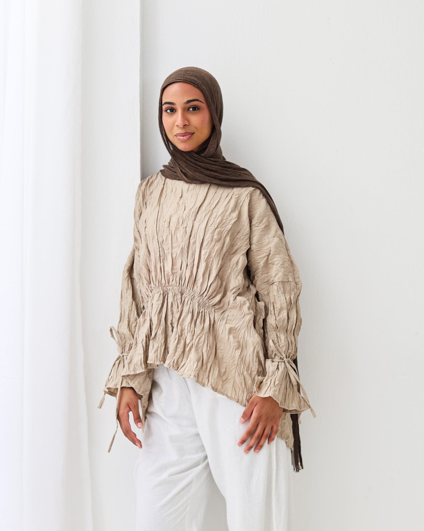 Crushed Elastic Blouse In Beige
