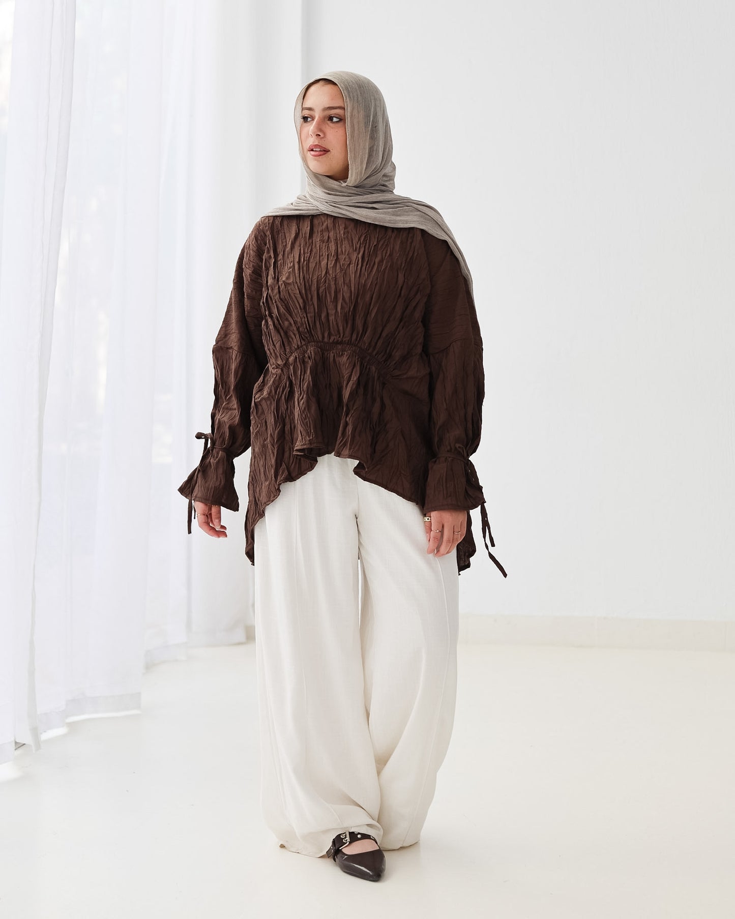 Crushed Elastic Blouse In Brown