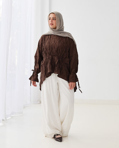 Crushed Elastic Blouse In Brown